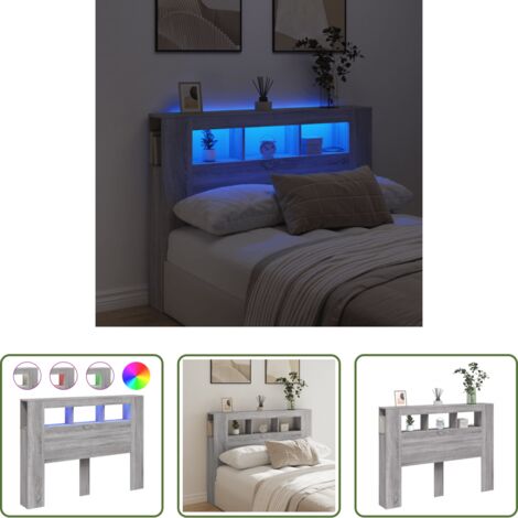 Luz led rgb -  Cabecero LED madera ingeniería gris Sonoma 140x18,5x103,5 cm