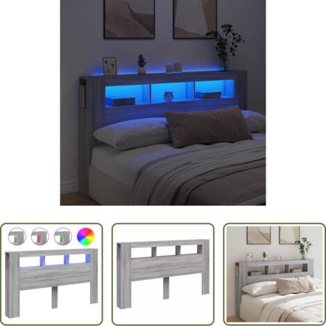 Luz led rgb -  Cabecero LED madera ingeniería gris Sonoma 180x18,5x103,5 cm