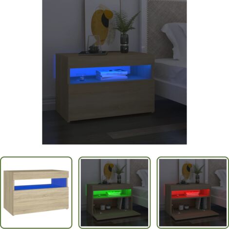 Luz LED RGB -  Mesita de noche con luces LED contrachapada Sonoma 60x35x40 cm