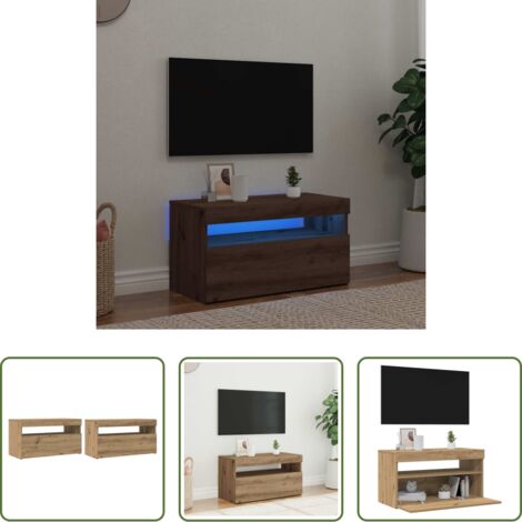 Luz led rgb -  Mueble de TV luces LED madera roble artisan 75x35x40 cm