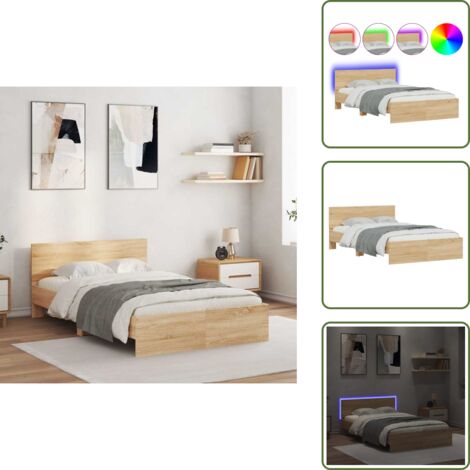 Luz LED RGB - vidaXL Estructura de cama cabecero y luces LED roble Sonoma 135x190 cm - Madera de ingeniería