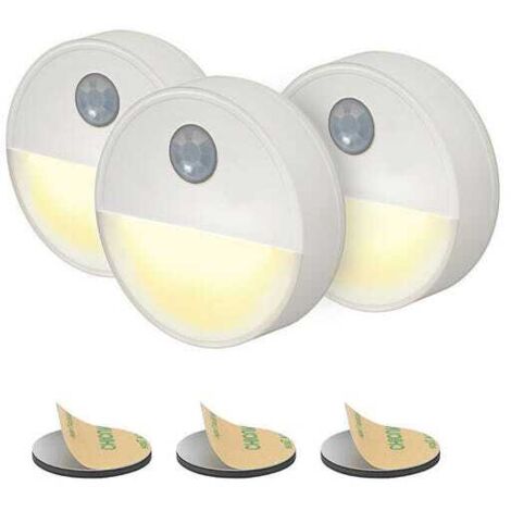 Luz nocturna con sensor de movimiento PIR - Paquete de 3 - Luz LED amarilla cálida con alimentación por batería, inalámbrica