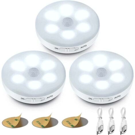 Luz nocturna LED automática, lámpara con sensor de movimiento para interiores, lámpara LED inalámbrica, 3 modos (automático/encendido/apagado), luz LED para armario, lámpara recargable por USB para vi