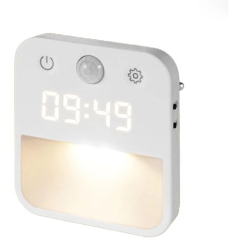 Luz nocturna LED enchufable, con detector de movimiento y reloj, 3 temperaturas de color, intensidad regulable, adecuada para escaleras, dormitorios y pasillos.