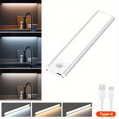 Luz nocturna magnética ultrafina de 20 cm con sensor de movimiento y carga USB — Iluminación tricolor para cocina y dormitorio