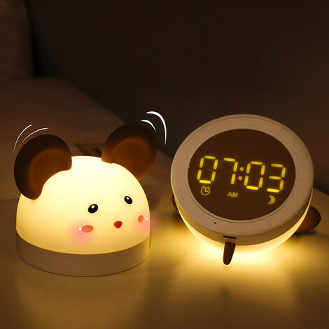 Luz nocturna para niños 3 en 1 Despertador y luz nocturna 7 colores LED Ratón portátil Reloj de noche de silicona Brillo ajustable con control remoto USB Recargable Luz nocturna para bebés