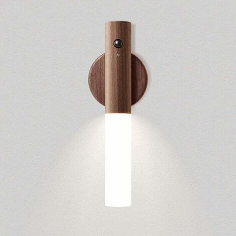 Luz nocturna recargable con sensor de movimiento, aplique de pared portátil de madera, funciona con pilas, luz bajo armario con imán para escaleras, pasillo, iluminación de salón (marrón)