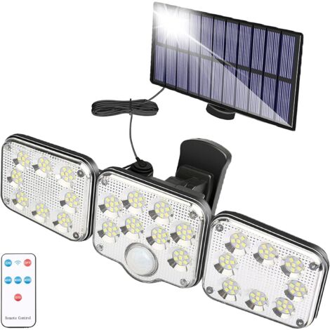 Luz solar exterior con detector de movimiento 130 LED, luz solar para jardín de 1300 lúmenes, lámpara solar con cable de 5 m, foco de pared LED con control remoto, IP65 a prueba de agua Ulisme