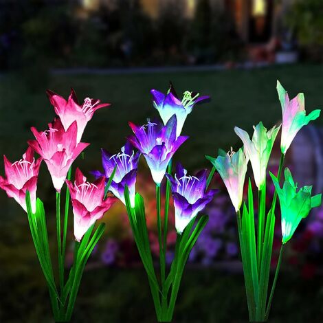 Luz solar para exteriores, paquete de 3 luces de hadas solares con flores de lirio que cambian de color, luces LED para patio, decoración para jardín, patio, paisaje, entrada (rosa, morado y blanco)