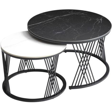 LUZ - Tables Gigogne Plateaux Céramique Marbrés Noir et Blanc Pieds Métal Noir