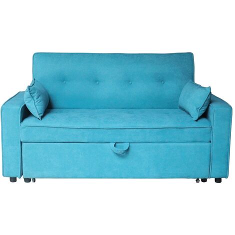 Sofá cama clic clac, patas de madera, sofa 2 plazas, Azul y Gris, Erna