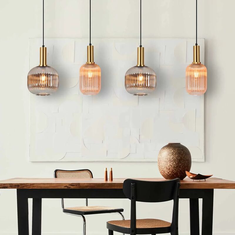 Lúzete - SUSPENSION 4 LUMIÈRES ABAT-JOUR COMBINÉ AMBRE/FUMÉE E27 SHELBY - Verre ambré, fumé, support de lampe doré