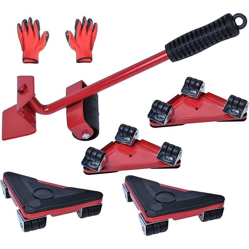 Transporteur de meubles avec roues pivotantes à 360 degrés, capacité de charge de 300 kg avec gants pour canapés et réfrigérateurs (rouge)