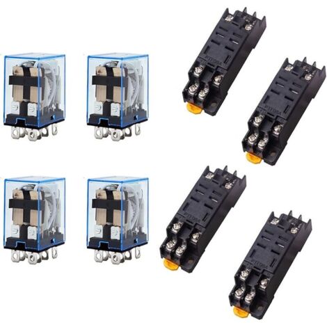 LY2NJ 4 Relais + 4 Bases de Relais, AC 220V Bobine 10A 240V Relais de Puissance, 8 Broches, Relais à Usage Général, Voyant LED, avec Base