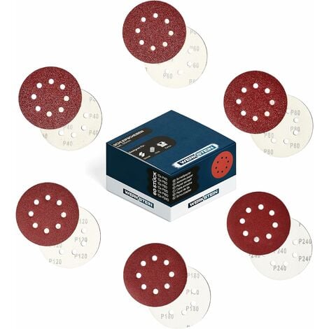 LYCXAMES Caja de 60 Discos de Lija para Lijadora de 125 mm - Juego que Incluye 10 Piezas de Papel P40 / 60/80 / 120/180 / 240 - Papel de Lija con 8 Agujeros - Para Madera y Metal