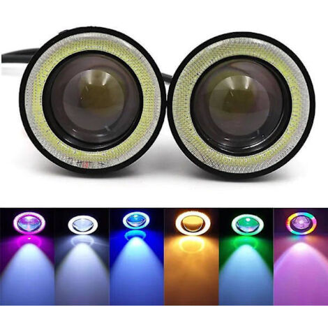 LYERCW - 2 feux antibrouillard Angel Eyes 3.0 12 V universels, LED COB 2.5, feux de jour 3.5, blanc, bleu, rose, jaune, vert, 64/76/89 mm RGB 3 pouces