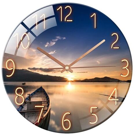 LYERCW - Horloge murale en verre de 30 cm (12 pouces), silencieuse et ronde, idéale pour le salon, la chambre, le couloir ou le bureau, bleu coucher de soleil