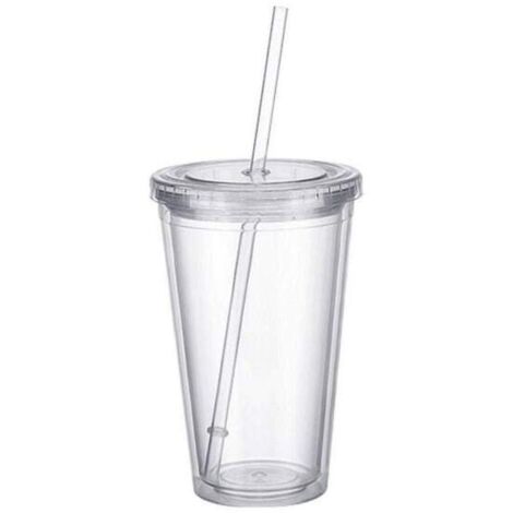 LYERCW - Mug isotherme à double paroi en plastique transparent, avec couvercle et paille, 500 ml.