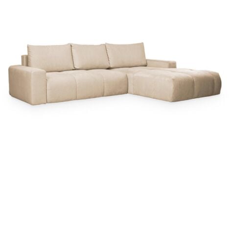 MOBILIER DECO LYGIE - Canapé d'angle convertible avec coffre en velours beige - Angle droit