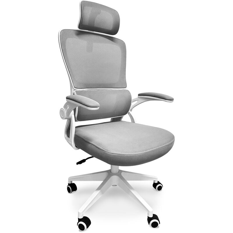 Lyn - Chaise de bureau ergonomique réglable en hauteur, avec appuie-tête, rembourrage lombaire et roulettes - couleur blanc et gris