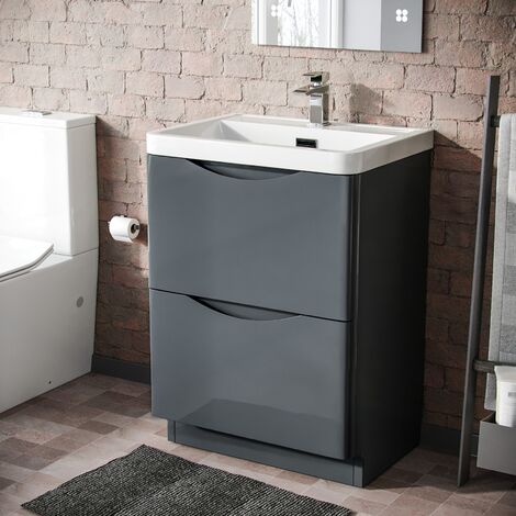 LYNDON Freestanding Dark Grey Gloss Basin Vanity Unit - 600mm