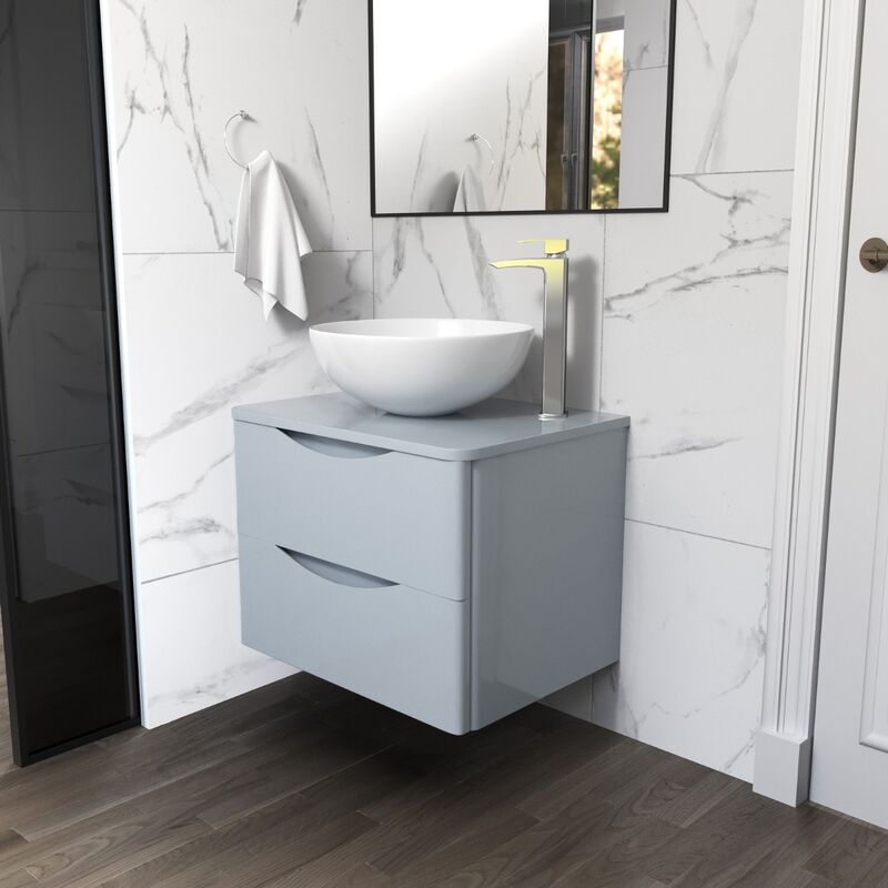 Lyndon Light Grey 600mm Bathroom Wall Hung Vanity Unit With Round Ceramic Countertop 420mm Basin