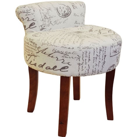 LYON - Low Back Chair / Padded Stool with Retro French Print and Wood Legs - Cream / Brown - Cream / Brown / Script design