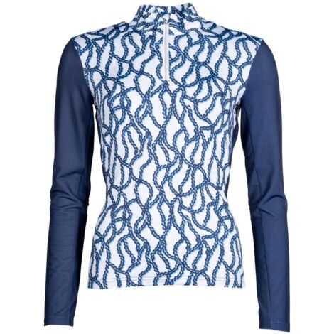 M, Bianco e Blu Navy 1202: Maglietta tecnica estiva da equitazione con zip frontale e maniche in rete modello Chain