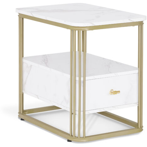 M MCombo Beistelltisch mit Schublade, Modern Sofatisch Marmor Weiß Gold, Klein Kaffeetisch Metallgestell, Nachttisch mit 2 Ablagen, Couchtisch für Wohnzimmer, 60x40x55, 2138