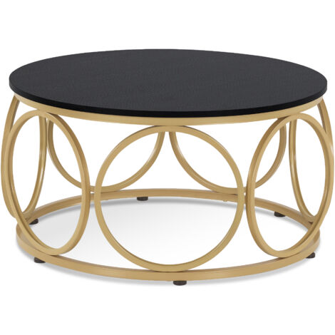 M MCombo Couchtisch Rund Holz, Modern Sofatisch Schwarz-Gold, Klein Kaffeetisch Metallgestell, Beistelltisch für Wohnzimmer, Durchmesser 80cm, 2102