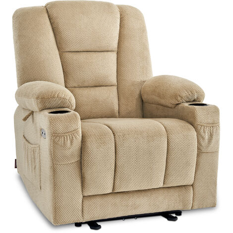 M MCombo Fernsehsessel elektrisch verstellbar, Relaxsessel mit Liegefunktion, TV Sessel mit Massage & Wärmefunktion, USB & Getränkehalter, Wohnzimmer, Stoff, 7008 (Beige-Stoff)