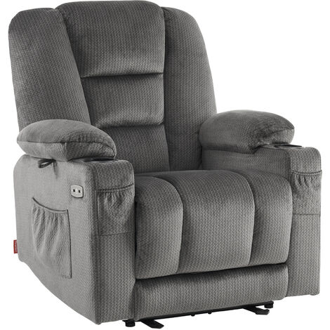 M MCombo Fernsehsessel elektrisch verstellbar, Relaxsessel mit Liegefunktion, TV Sessel mit Massage & Wärmefunktion, USB & Getränkehalter, Wohnzimmer, Stoff, 7008 (Grau-Stoff)