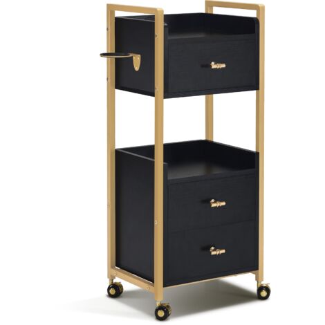 M MCombo Friseurwagen mit Rollen & 3 Schubladen, Rollwagen Servierwagen, Salon Trolley mit 2 Ablagen & Föhnhalter, Moderner Arbeitswagen für Bad Wohnzimmer, 30x40x95cm, 0022 (Schwarz-Gold)
