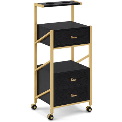 M MCombo Friseurwagen mit Rollen & 3 Schubladen, Rollwagen Servierwagen Schwarz-Gold, Salon Trolley mit 2 Ablagen & 2 Föhnhalter, Moderner Arbeitswagen für Bad Wohnzimmer, 30x40x97cm, 0048