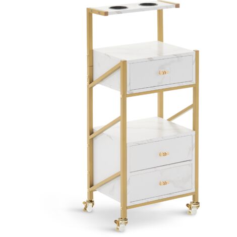 M MCombo Friseurwagen mit Rollen & 3 Schubladen, Rollwagen Servierwagen Weiß-Gold, Salon Trolley mit 2 Ablagen & 2 Föhnhalter, Moderner Arbeitswagen für Bad Wohnzimmer 0048WG
