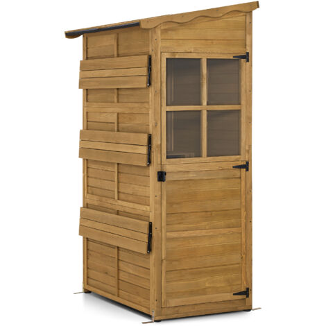 M MCombo Gartenschrank Gartenhaus Holz Wetterfest, Outdoor Schrank Wetterfest, Geräteschuppen Begehbar, für Außenbereich Balkon & Terrasse, Gerätehaus mit 3 feste Regale, 120×86×201 cm, 1753 (Natur)