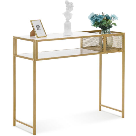M MCombo Konsolentisch Schmal Marmor Gold, Modern Beistelltisch mit 2 Ablage & Metallgestell, Eingangstisch für Flur Wohnzimmer Schlafzimmer, 110×40×90cm, 2276