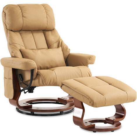 M MCombo Massagesessel mit Hocker, 360° drehbarer Relaxsessel mit Liegefunktion, moderner TV-Sessel Fernsehsessel mit Seitentasche für Wohnzimmer, Kunstleder, 9068 (Gelbbeige)