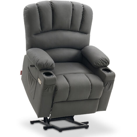 M MCombo Relaxsessel mit Aufstehhilfe & Liegefunktion, Fernsehsessel elektrisch verstellbar, TV Sessel mit Massage & Wärmefunktion, USB & Getränkehalter, Mikrofaser, 7102EY (Mikrofaser, Dunkelgrau)