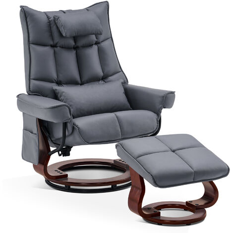 M MCombo Relaxsessel mit Hocker 9076, Drehbare Fernsehsessel mit Liegefunktion, Moderner TV-Sessel Stuhl für Wohnzimmer, mit Kissen & Seitentasche, Mikrofaser in Lederoptik, Blaugrau, 140 x 92 x 111cm