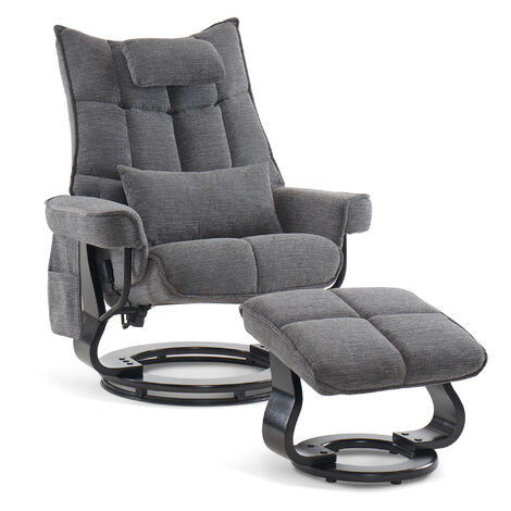 M MCombo Relaxsessel mit Hocker, Drehbare Fernsehsessel mit Liegefunktion, Moderner TV-Sessel Stuhl für Wohnzimmer, mit Kissen & Seitentasche, Stoff, 9076