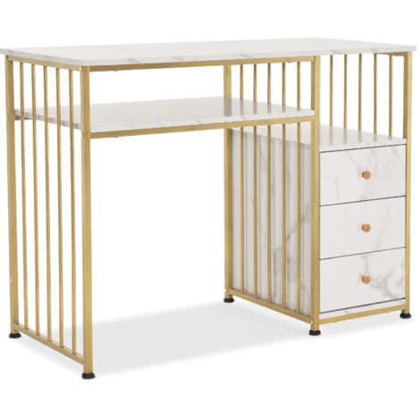 M MCombo  Schminktisch mit Schubladen, ohne Spiegel Marmor-Weiß Gold, Nageltisch aus Holz Metallgestell, Computertisch Wohnzimmer Modern, 109 x 45,5 x 81cm, 2407WG