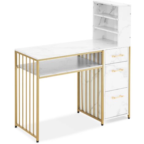 M MCombo Schreibtisch mit 3 Schubladen, Nageltisch aus Holz Metallgestell, Manikürtisch Marmor-Weiß Gold, Schminktisch ohne Spiegel Modern, Computertisch mit Regal Wohnzimmer, 43x108x125cm, 2420