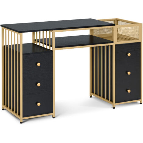 M MCombo Schreibtisch mit 6 Schubladen, Nageltisch aus Holz Metallgestell, Manikürtisch Schwarz-Gold, Schminktisch ohne Spiegel Modern, Computertisch mit Ablagen Wohnzimmer, 46x125x81cm, 2425