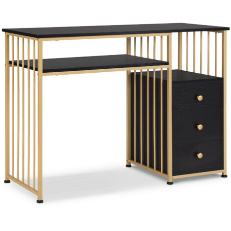 M MCombo Schreibtisch mit Schubladen, Schminktisch ohne Spiegel Schwarz-Gold, Nageltisch aus Holz Metallgestell, Computertisch Wohnzimmer Modern, 45,5 x 109 x 81cm, 2407GBK