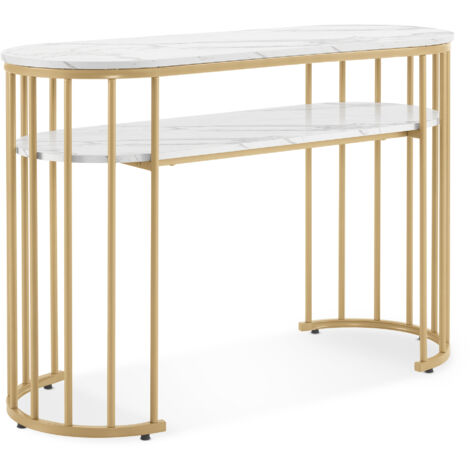 M MCombo Schreibtisch ohne Schubladen, Schminktisch ohne Spiegel Marmor-Weiß Gold, Manikürtisch, Nageltisch aus Holz Metallgestell, Computertisch Wohnzimmer Modern, 2482