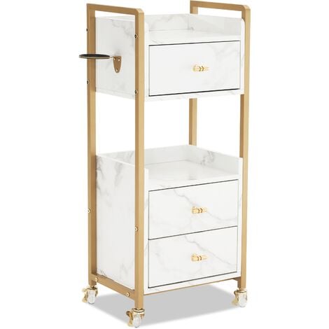 M MCombo Servierwagen mit Rollen & 3 Schubladen, Friseurwagen Rollwagen Weiß-Gold, Salon Trolley mit 2 Ablagen & Föhnhalter, Moderner Arbeitswagen für Bad Wohnzimmer, 30x40x95cm, 0022