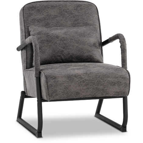 M MCombo Sessel für Wohnzimmer, Retro Vintage Relaxsessel mit Ledenkissen, ohne Hocker, Mikrofaserstoff, 4742DE-1(Dunkelgrau)