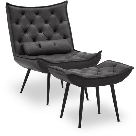 M MCombo Sessel mit Hocker, Retro Vintage Lesesessel Loungesessel Stuhl Polstersessel, Kunstleder,4778MB (Dunkelgrau)