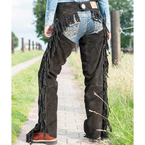M, Noir: Showchaps en cuir avec franges